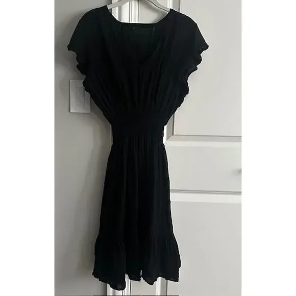 Rails Tara Black Lace Detail Mini Flutter Sleeve Linen Blend Dress Large - Picture 2 of 11